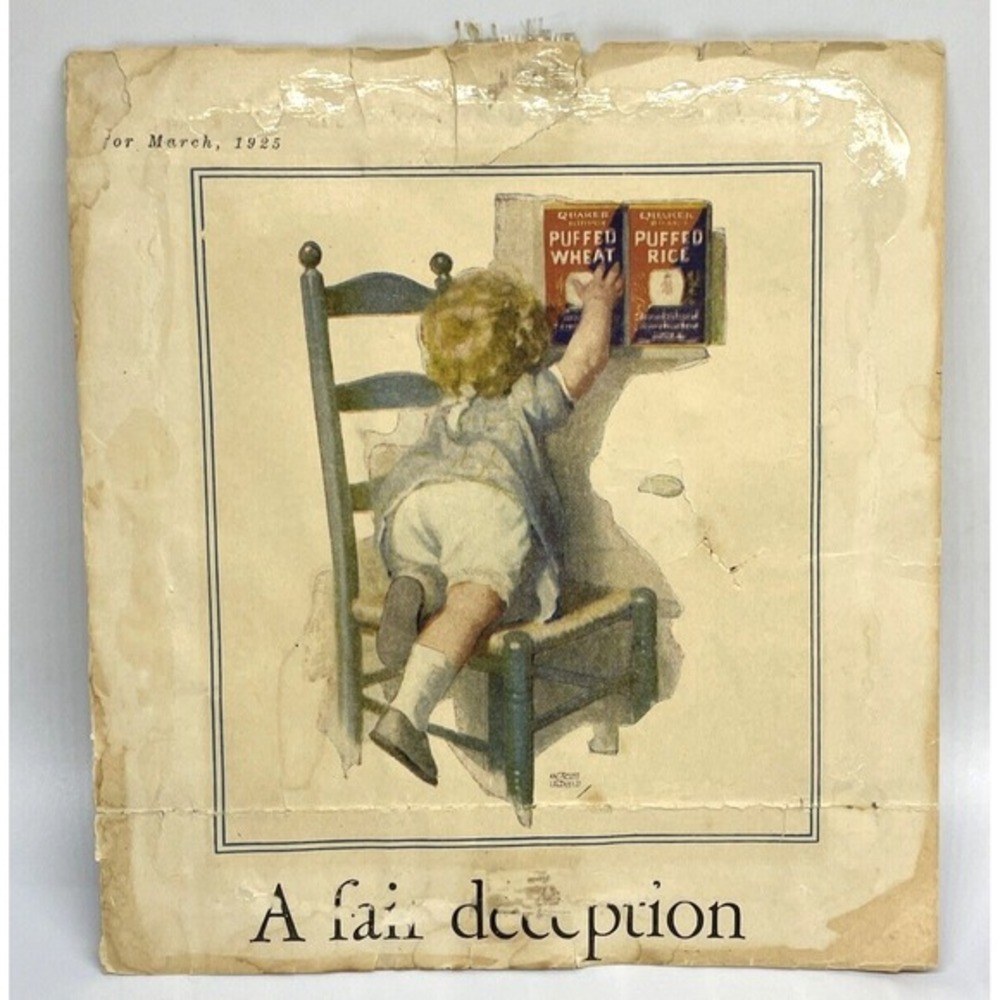 1925 Quaker Puffed Rice Cereal Print Ad Baby Climbing Chair Antique Advertising